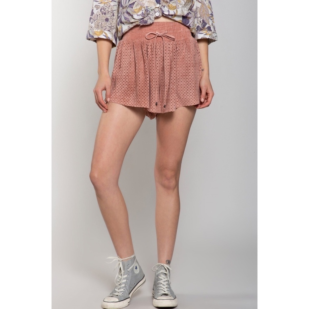 POL Dusty Pink Vegan Suede Smocked Waist Relaxed Fit Shorts - Picture 3 of 11